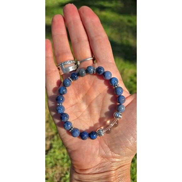 Dumortierite and Clear Quartz Gemstone Beaded Bracelet - Picture 4 of 7